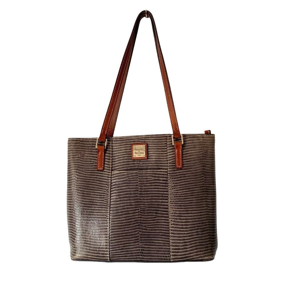 Dooney & Bourke Brown Gray Leather Lizard Embossed Tote Bag Purse